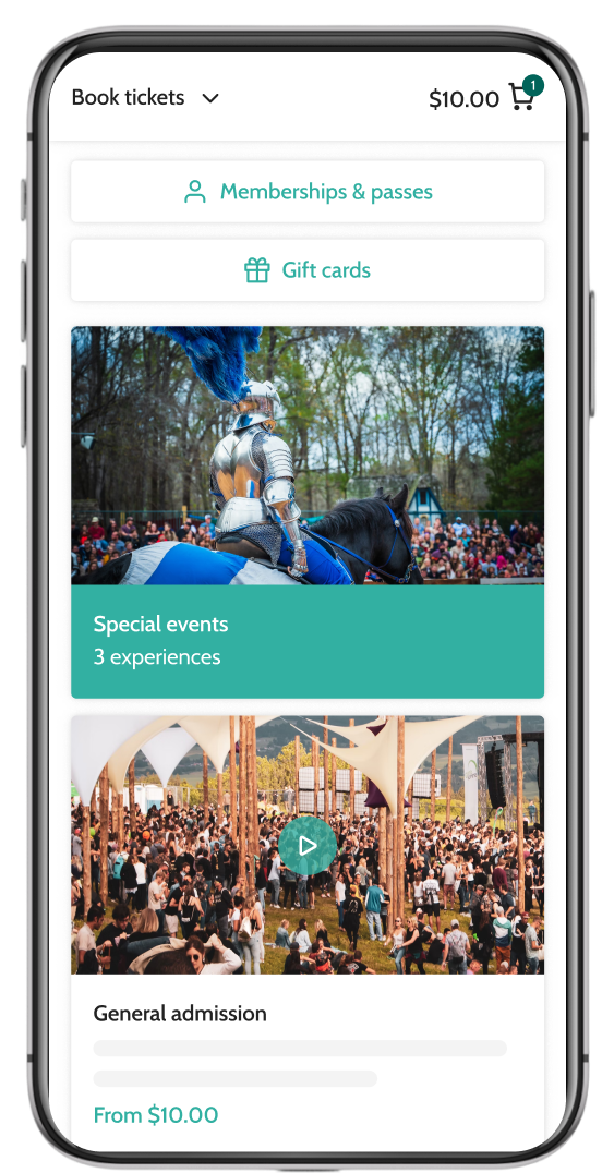 Beyonk's event ticketing system on mobile. Memberships, gift cards and sessions can be bought here.