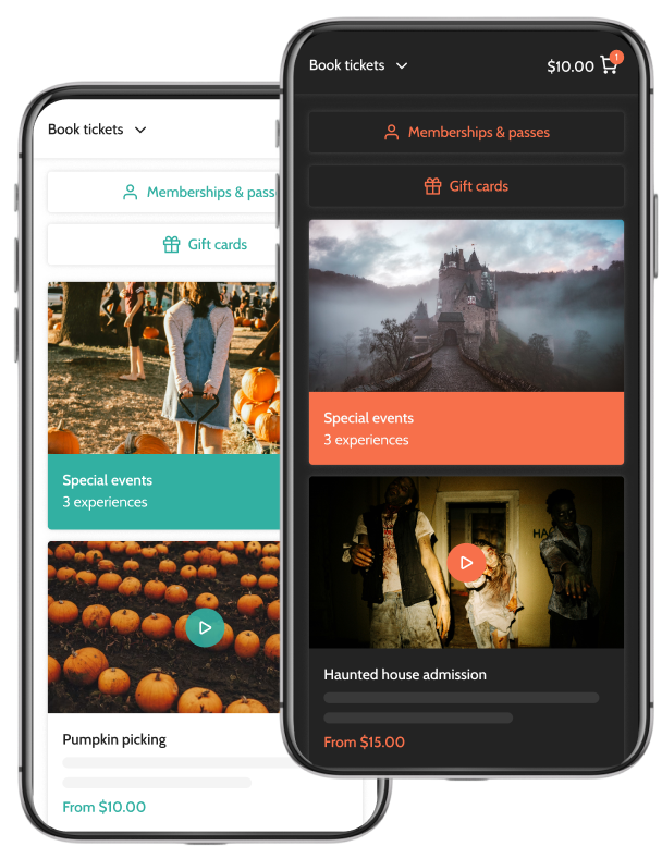 Beyonk's halloween ticketing system on mobile. Memberships, gift cards and sessions can be bought here.